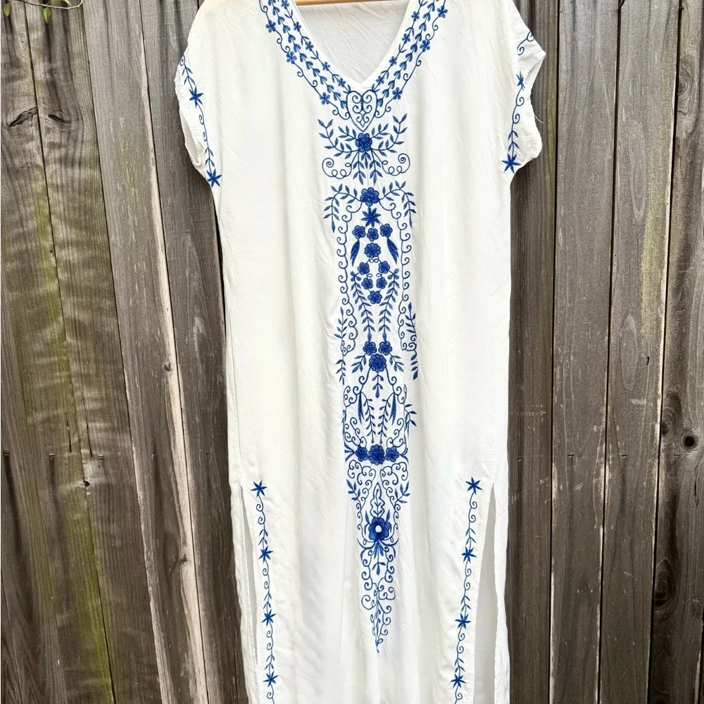 White and Blue Embroidered Maxi Dress - Picture 1 of 3